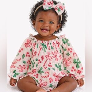 Baby Girls Holiday Smocked Romper in Pink, Red & Green